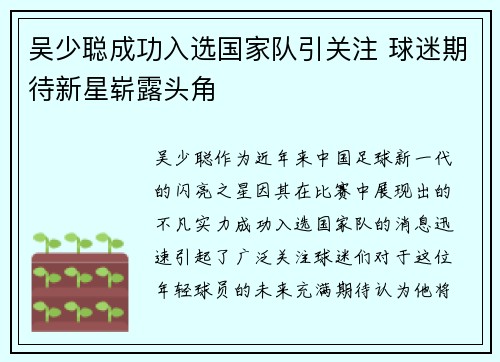 吴少聪成功入选国家队引关注 球迷期待新星崭露头角